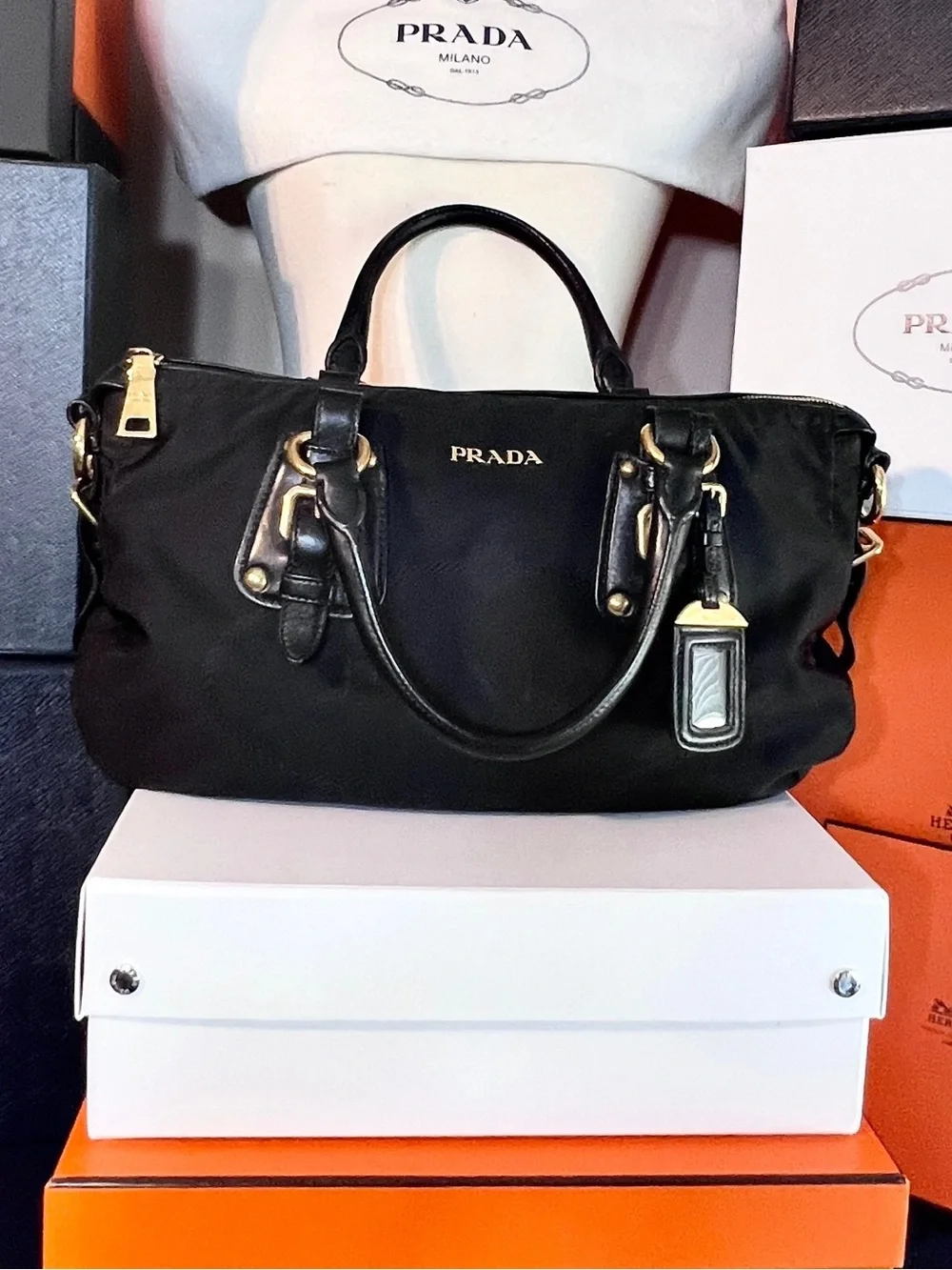 Prada⭐️ Black Nylon Gold Top-Handle Satchel! Prada embroidery!⭐️ Offers welcome!